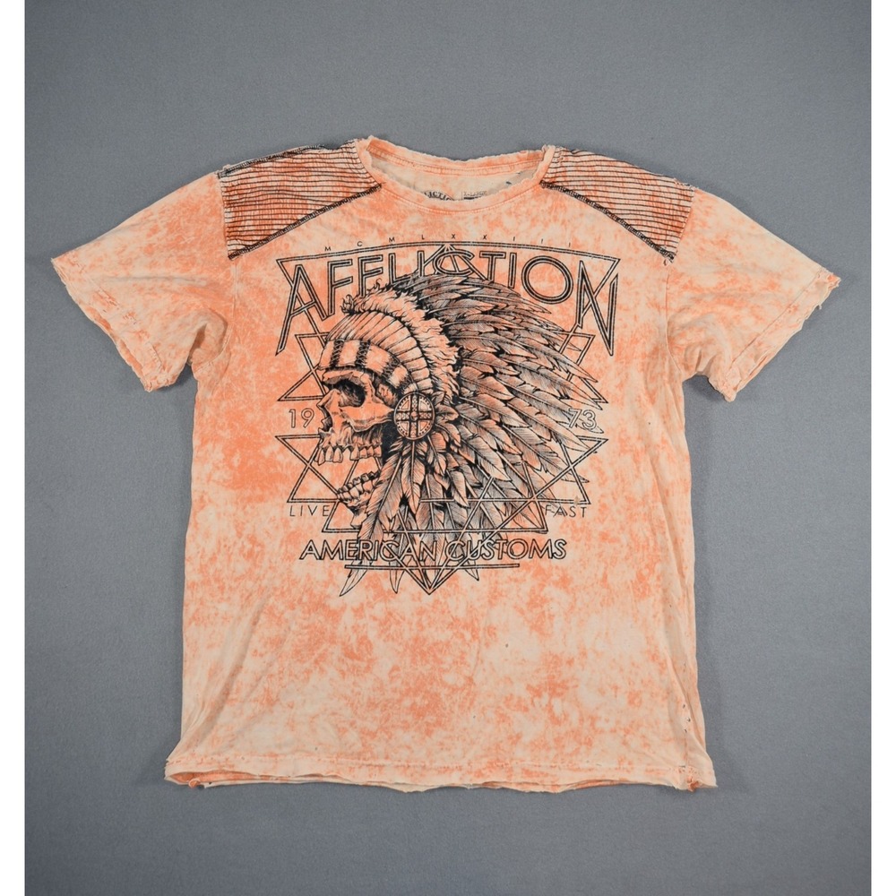 Affliction T Shirt Mens XL Orange Tie Dye Indian Biker Skull Distressed Customs